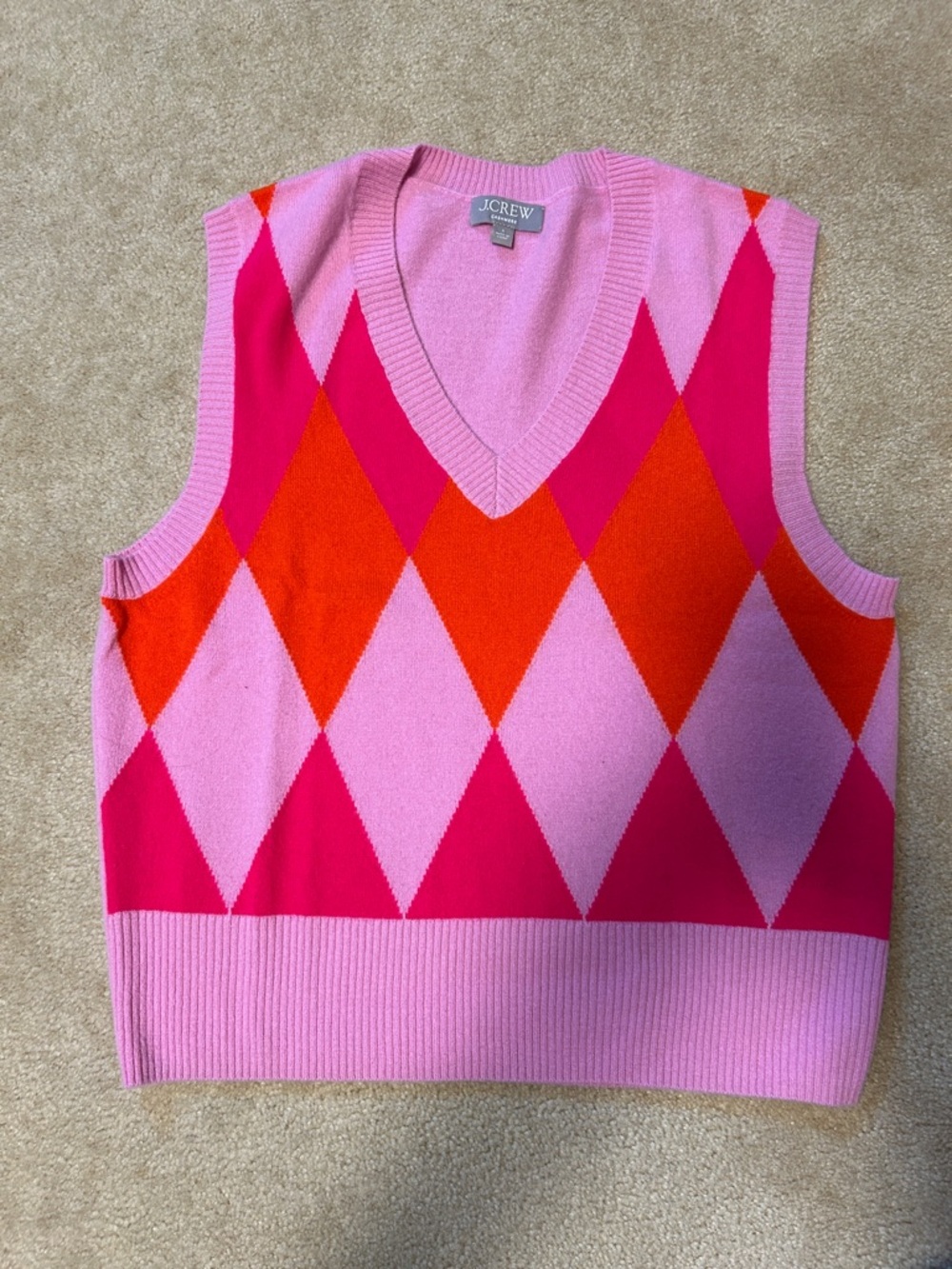 J. Crew Pink, Hot Pink & Orange Argyle V-Neck Sweater Vest